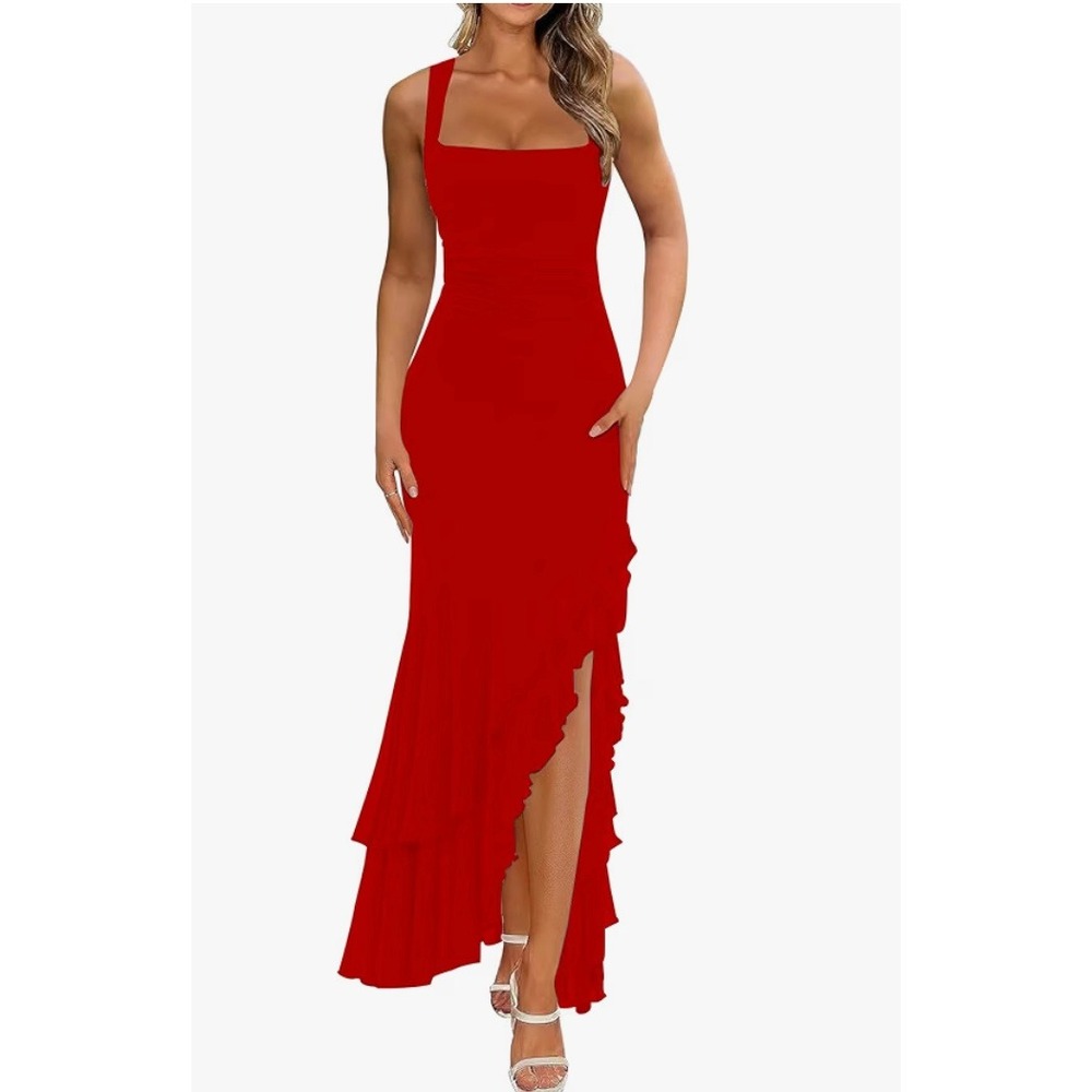 Red Ruched Square Neck Maxi Dress Ruffle High-Low Hem Sleeveless Gown XL